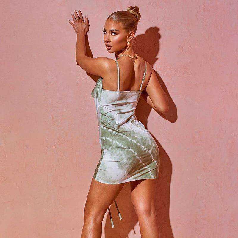 Sleeveless Ruched Bandage Tie Dye Print Sexy Mini Dress