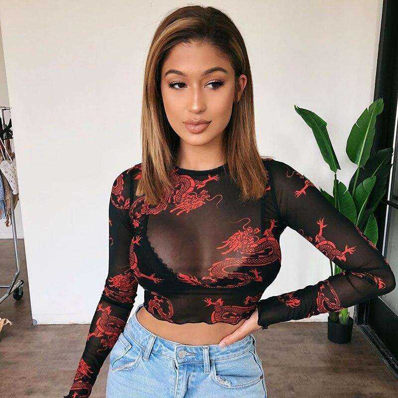 New Fashion Casual O-neck Mesh Dragon Print Long Sleeve Tee Shirts Women