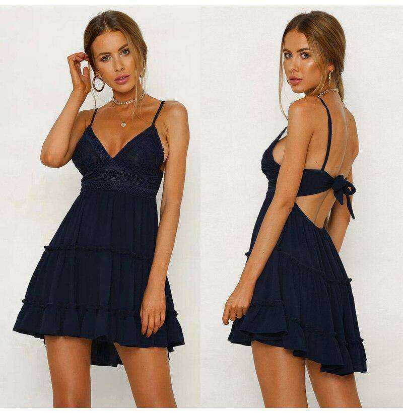 New V Neck Lace Backless Spaghetti Strap Summer Dress