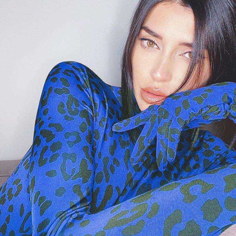 Red Leopard Print Turtleneck Bodysuit with Gloves Autumn Skinny Body Long Sleeve
