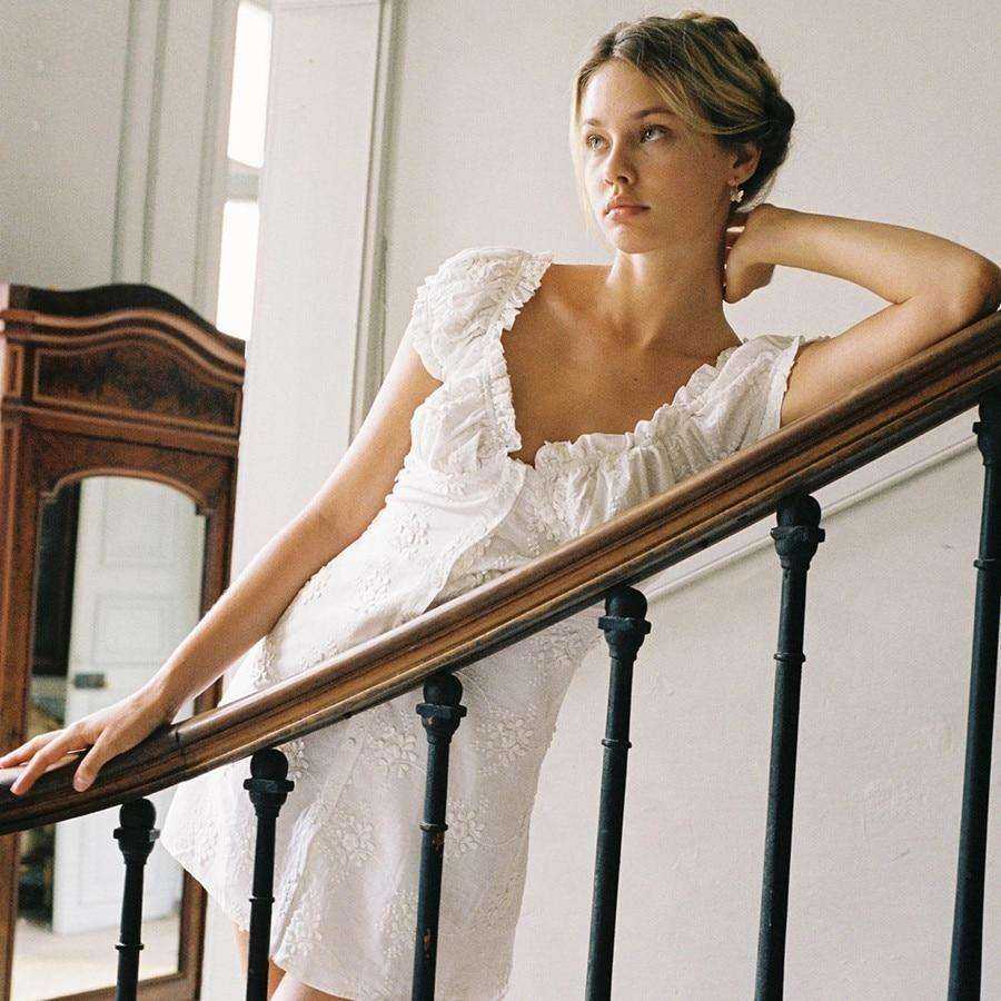 Women French Style White Casual V Neck Mini Dress Button Sundress