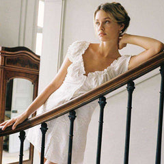 Women French Style White Casual V Neck Mini Dress Button Sundress