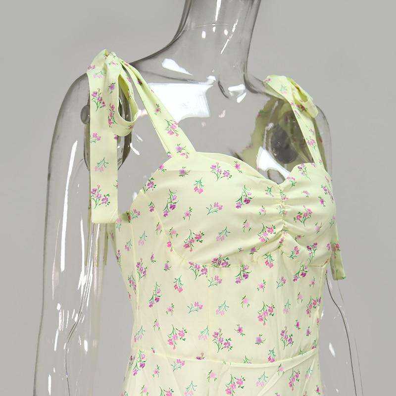 Yellow Print Summer Sleeveless Tie Up Bow Strap Elegant Midi Side Split Floral Dress