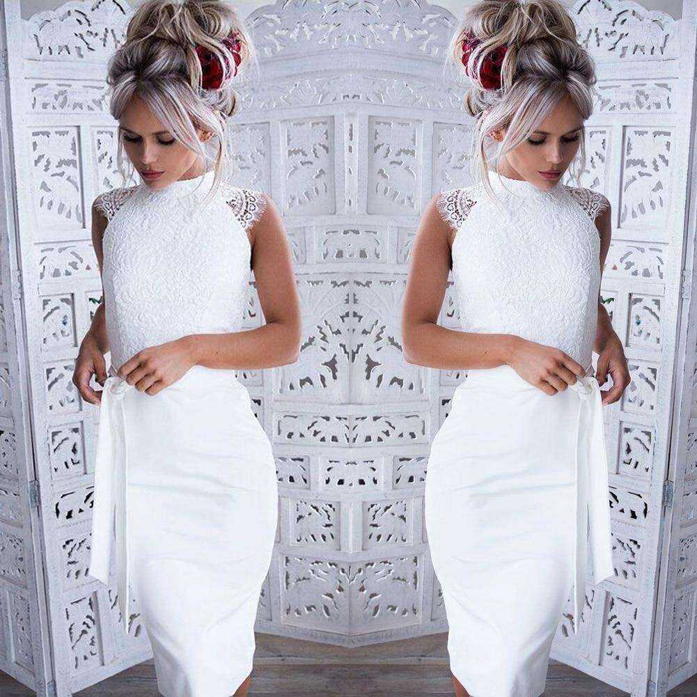White Lace Slim Pencil O-Neck Women Midi Dress