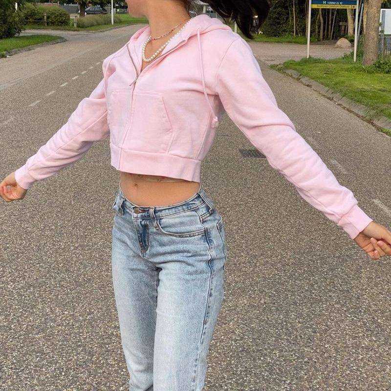 Autumn Fashion Longslive Women Zip Up Hoodies Cropped Sweatshirt