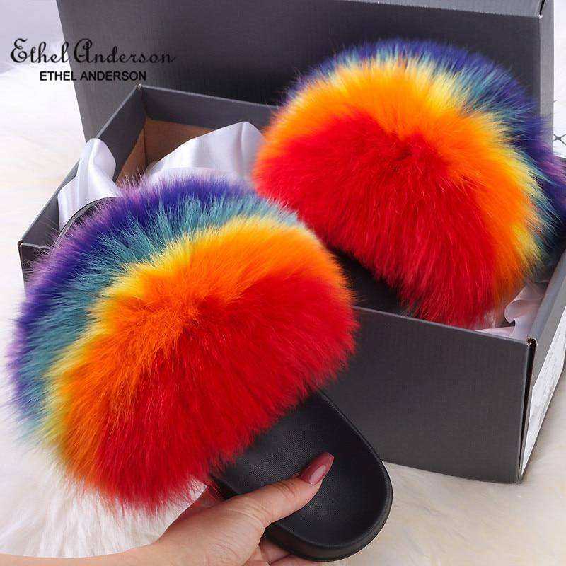 2020 Fox Raccoon Fur Slippers Lady Retro Flip Flops Summer