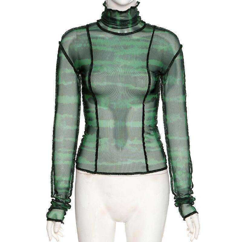 Women Turtleneck Long Sleeve Mesh Transparent Top Sexy Patchwork T Shirt