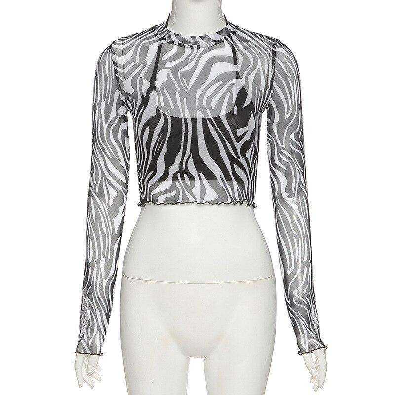 Women Turtleneck Long Sleeve Mesh Transparent Top Sexy Patchwork T Shirt