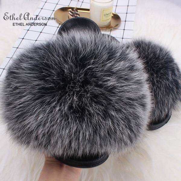 2020 Fox Raccoon Fur Slippers Lady Retro Flip Flops Summer