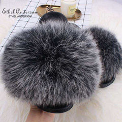 2020 Fox Raccoon Fur Slippers Lady Retro Flip Flops Summer