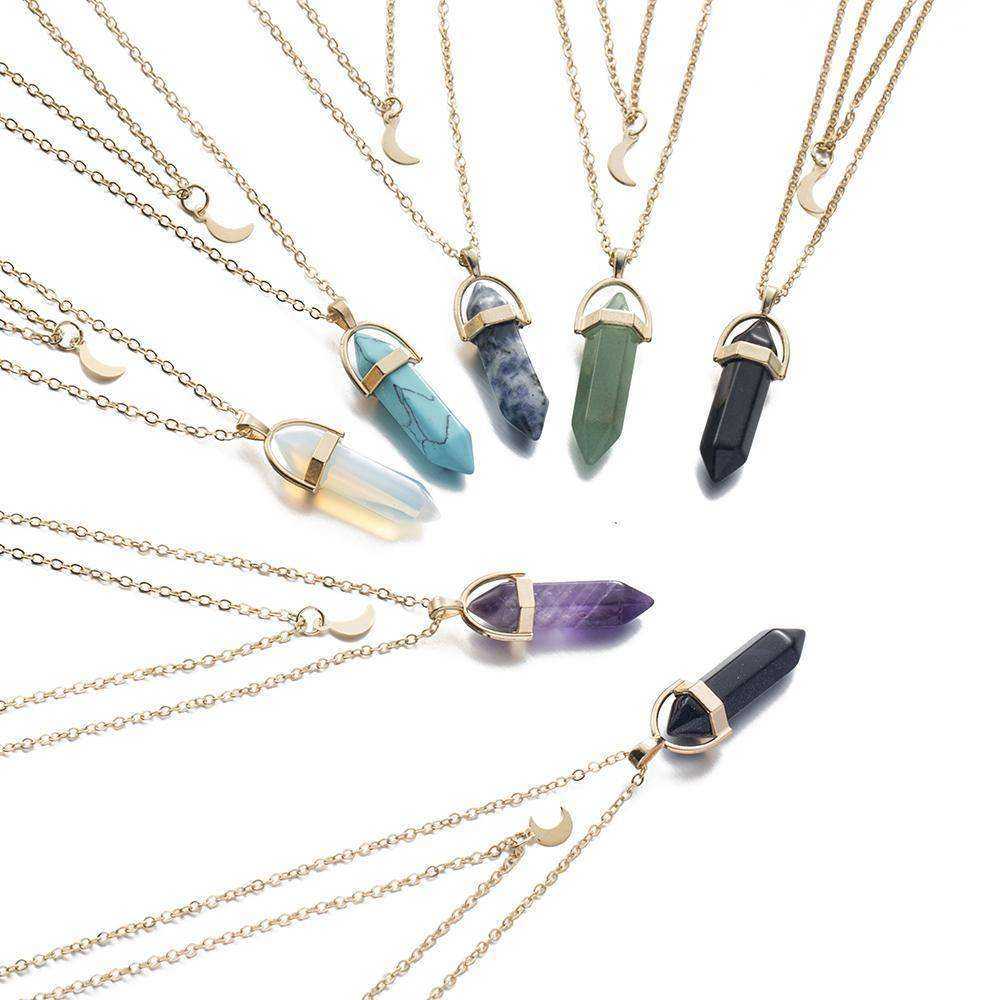 Natural Stone Moon Choker Gold Color Crystal Pendant Necklace