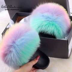 2020 Fox Raccoon Fur Slippers Lady Retro Flip Flops Summer