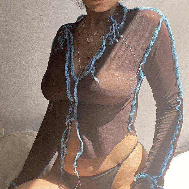 Aesthetic Neon Mesh See Through Long Sleeve Stripe Patchwork Crop Tops