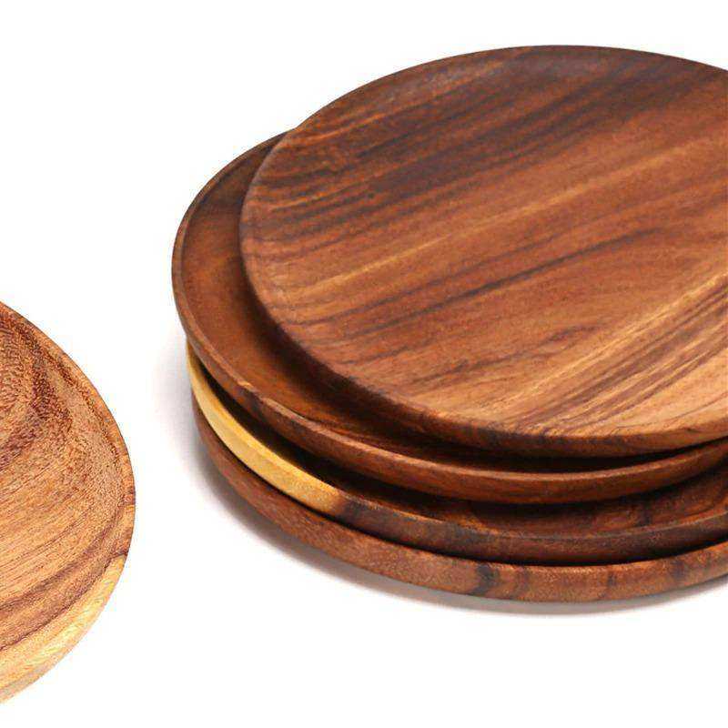 Round Solid Wood Plate Whole Acacia Wood Tableware Set