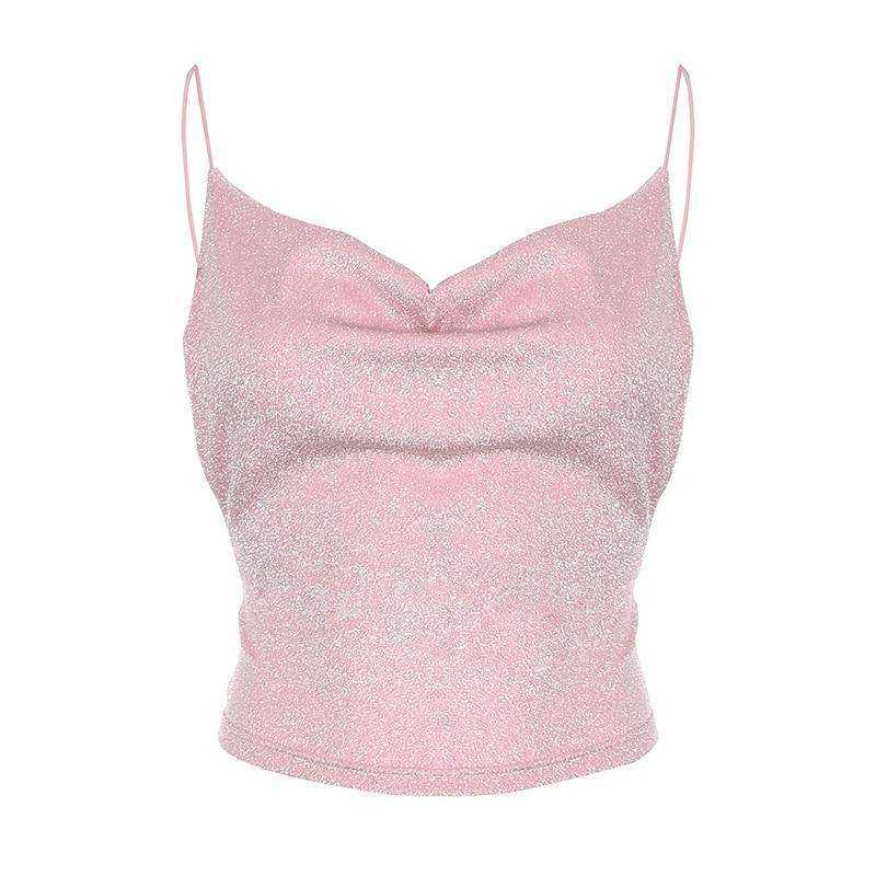Tops Loose Spaghetti Straps Glitter backless female T-shirt