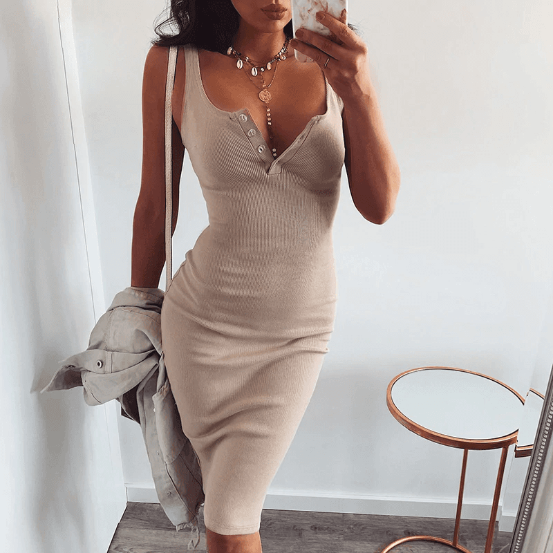 Knitted Elastic V-Neck Button Sleeveless Knee-Length Slim Dress