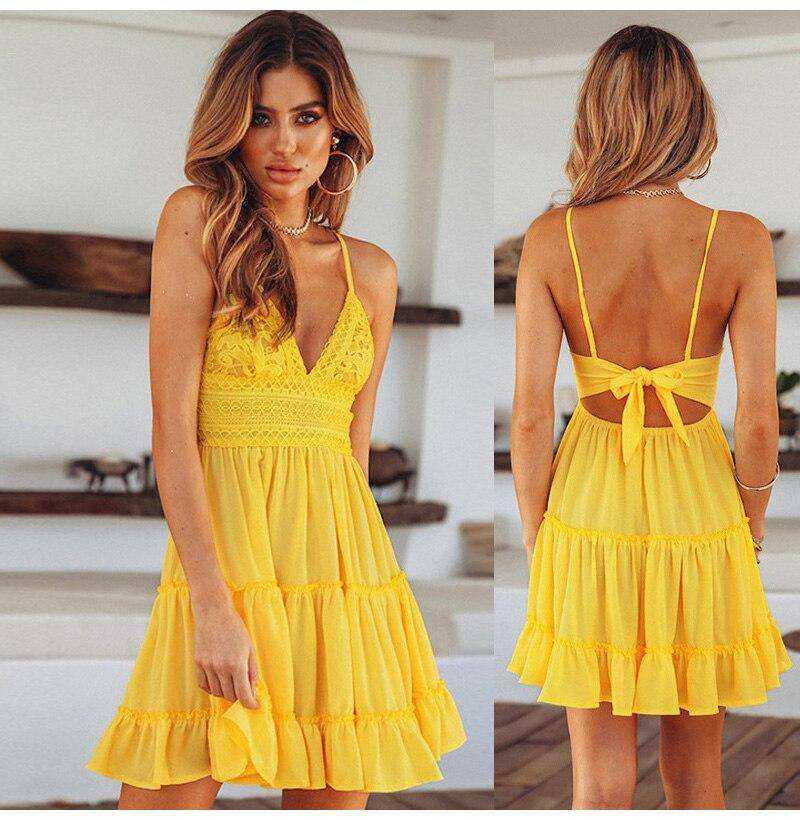 New V Neck Lace Backless Spaghetti Strap Summer Dress