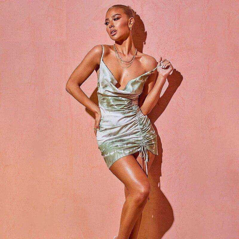 Sleeveless Ruched Bandage Tie Dye Print Sexy Mini Dress
