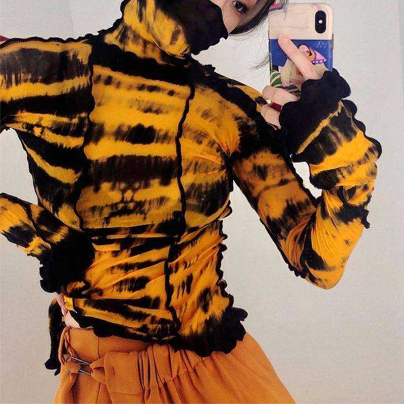 Women Turtleneck Long Sleeve Mesh Transparent Top Sexy Patchwork T Shirt