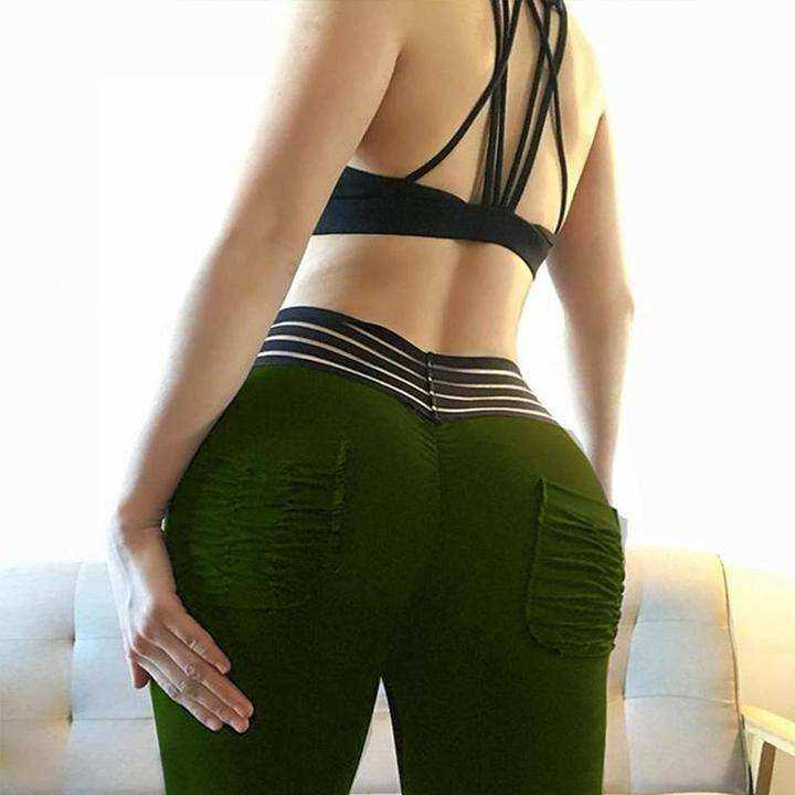 Striped High Waist Pocket Push Up Tummy Control Fitness Leggings