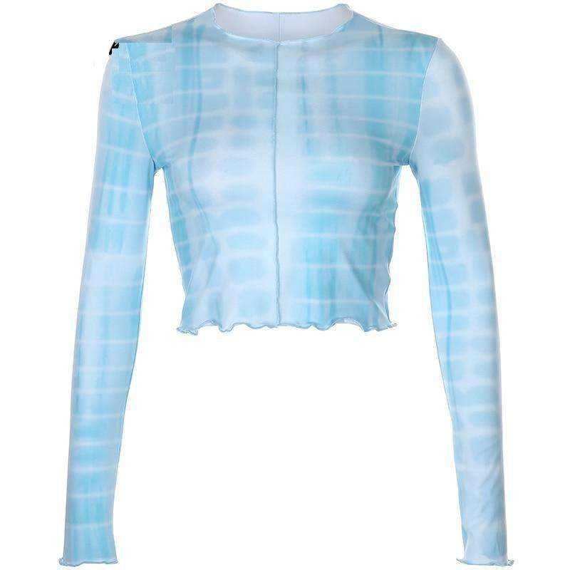Rib Knitted Skinny Tie Dye Print Streetwear Ruffle Crop Top T-Shirt Women