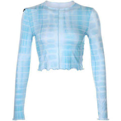 Rib Knitted Skinny Tie Dye Print Streetwear Ruffle Crop Top T-Shirt Women