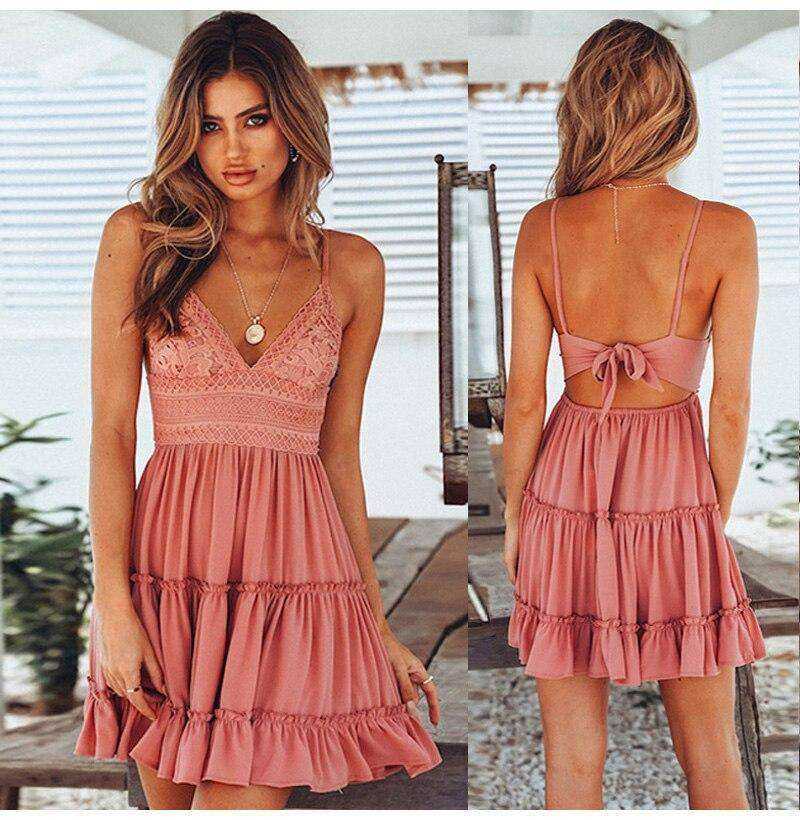 New V Neck Lace Backless Spaghetti Strap Summer Dress