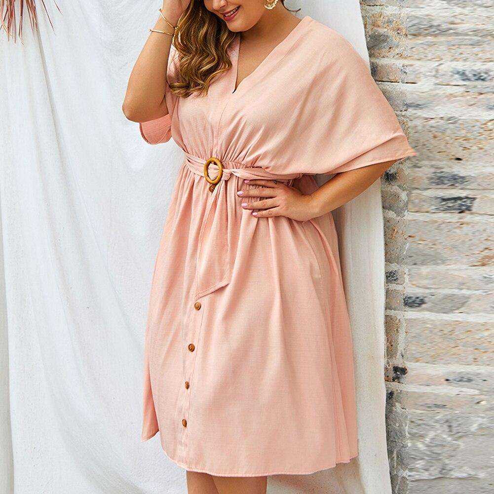 Women Autumn Plus Size 4XL V Neck Pure Color Full Sleeve Dress