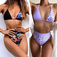 Women Sexy Cut Out Patchwork High Waist Purple Leopard Bikini  Swimwear