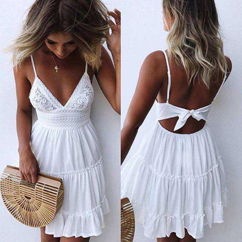 New V Neck Lace Backless Spaghetti Strap Summer Dress