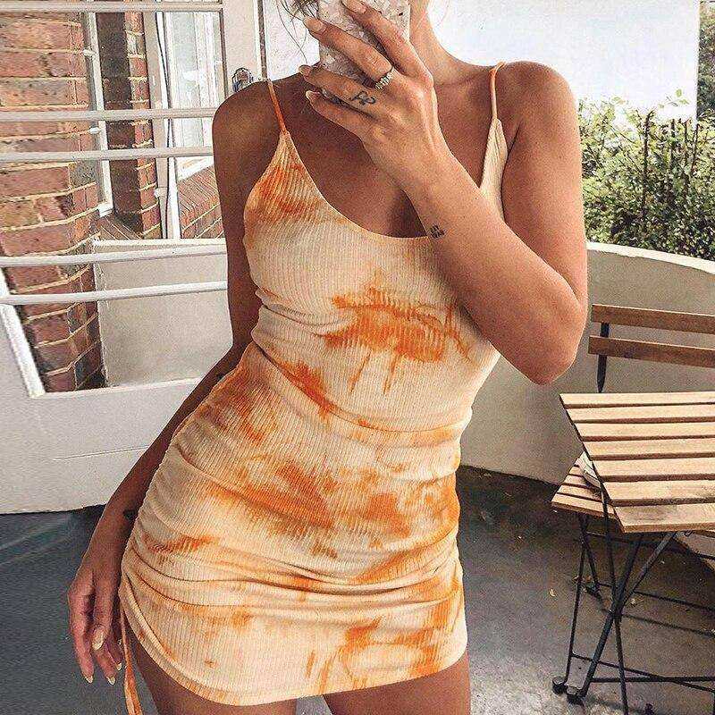 Fashion Orange Dye Strap Sexy Backless Drawstring Summer Mini Dress
