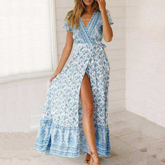 V Neck Aesthetic Sundress Floral Print Boho Long Sleeve Dress Deep Split Maxi