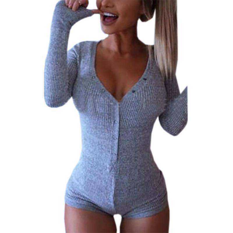 V Neck Cotton Bodysuit Long Sleeve Knitted Body Jumpsuit For Women