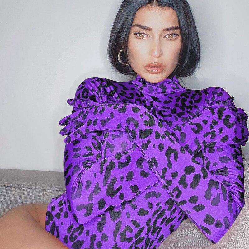 Red Leopard Print Turtleneck Bodysuit with Gloves Autumn Skinny Body Long Sleeve