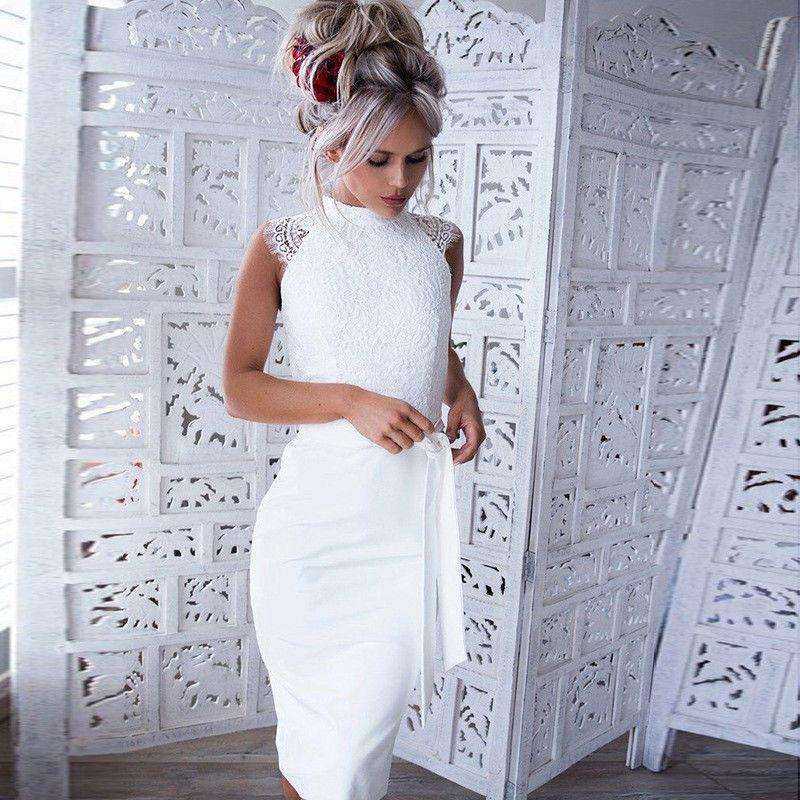 White Lace Slim Pencil O-Neck Women Midi Dress