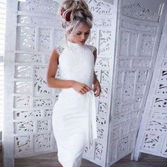 White Lace Slim Pencil O-Neck Women Midi Dress