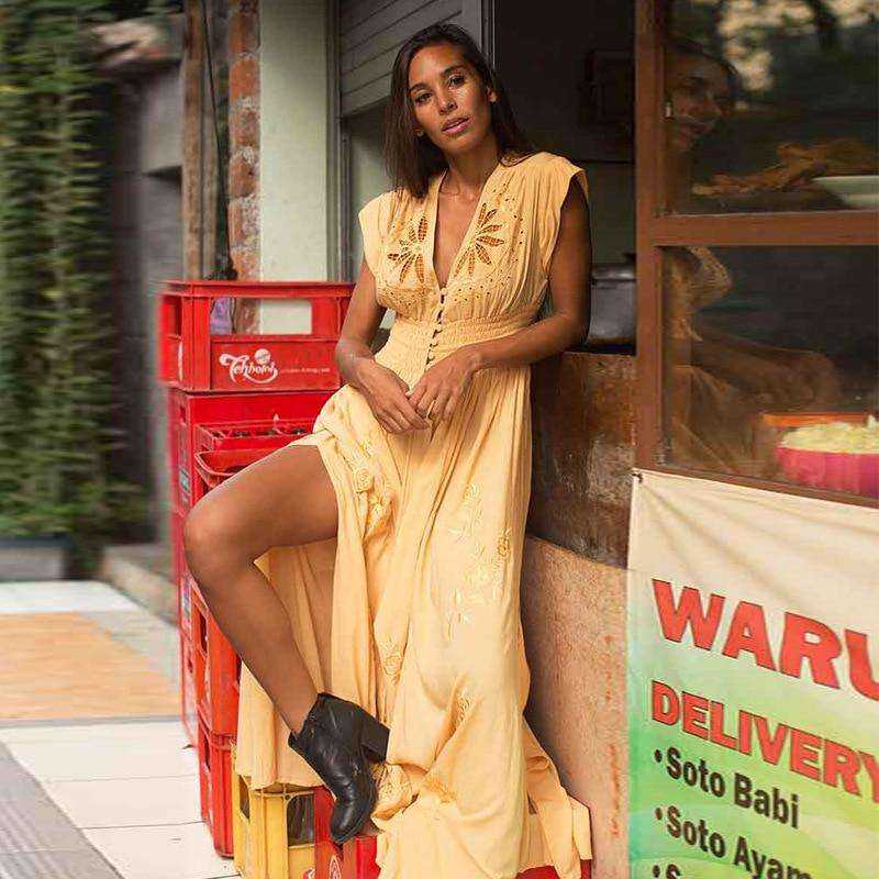 Embroidery Lace Up V Neck Boho Maxi Long Dress