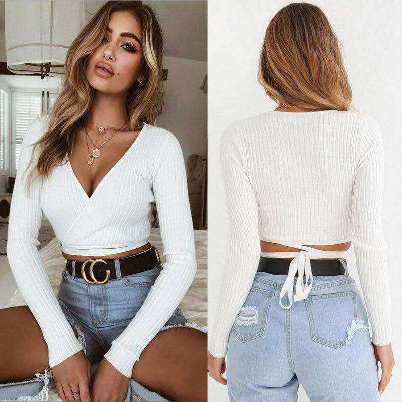 Summer Wear Long Sleeve T Shirt Cross V Neck Sexy Crop Top For Women