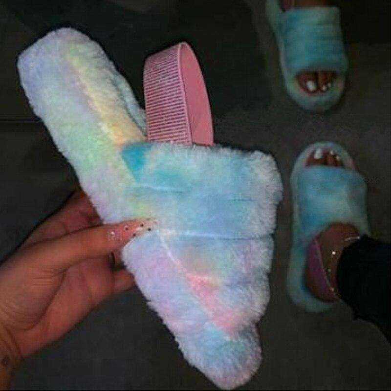 New Women's Indoor Fur Slides Bottom Anti Slip Furry Slippers