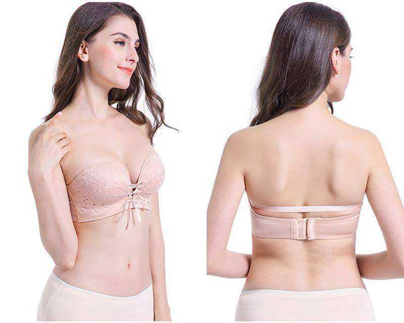 Women Floral Seamless Lace Strapless Push Up Bra Invisible Wireless Lingerie Underwear