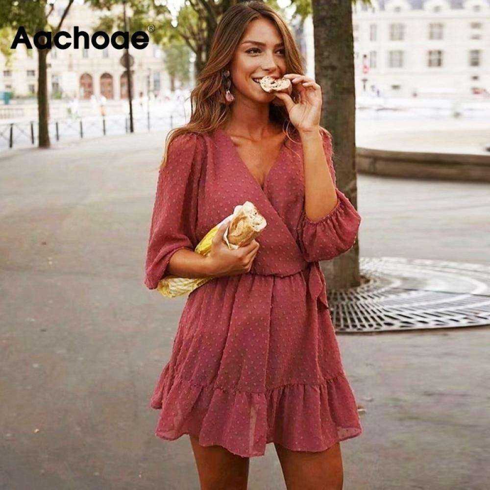 Women Three Quarter Sleeve Ruffles Lace Mini Chiffon Dress