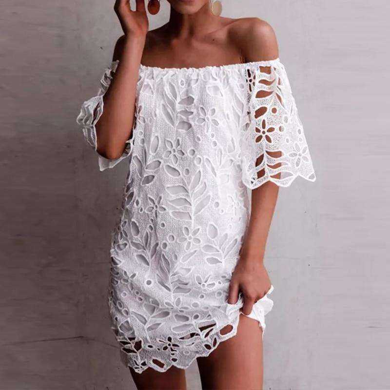 Women's Lace Crochet Boat Neck Off Shoulder Short Sleeve White Dress