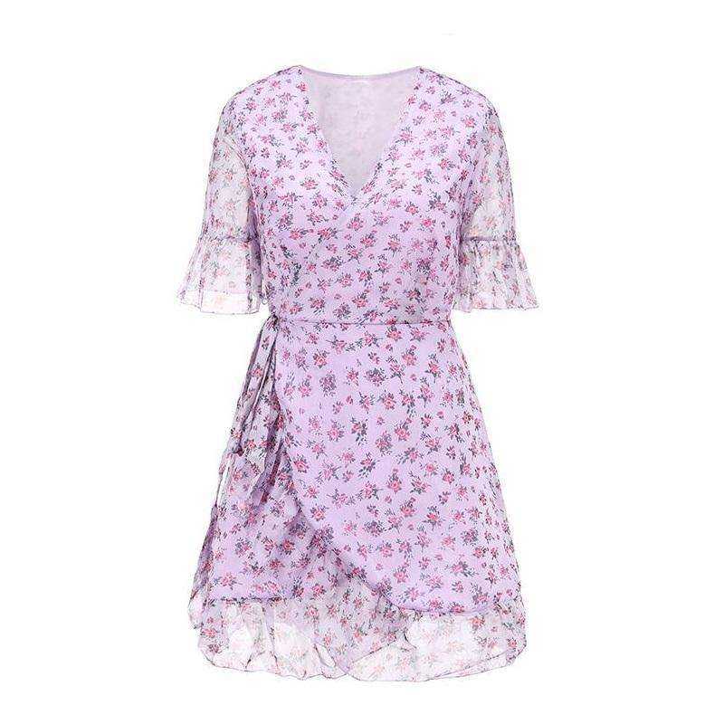 Women Sexy V Neck Lilac Floral Wrap Dress