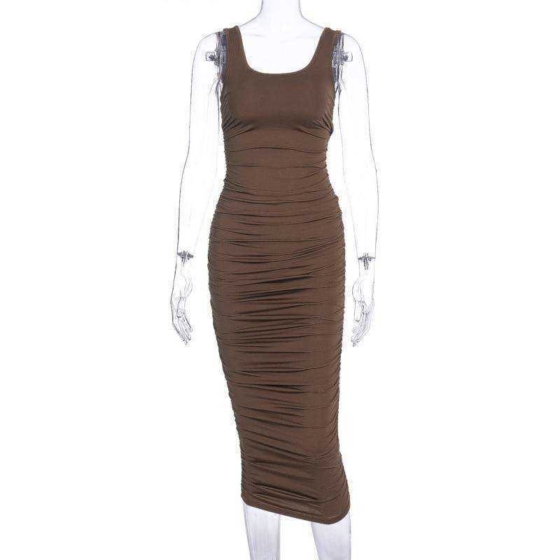 Women Fashion Ruched Sleeveless Skinny Hot Midi Dress