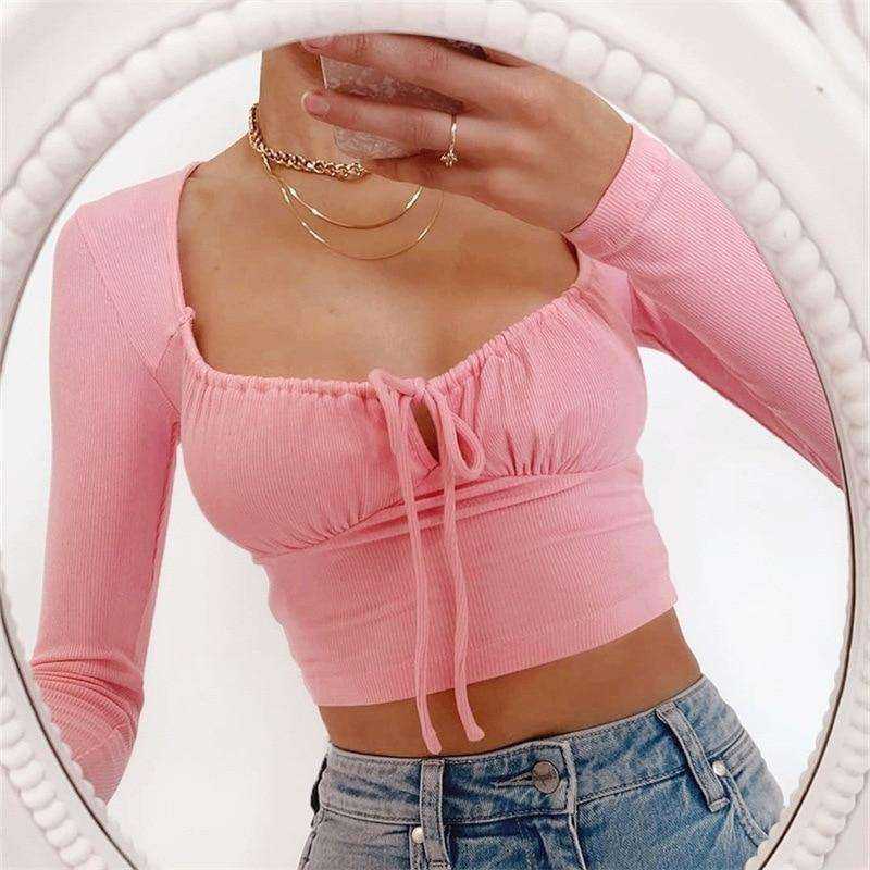 Women's Elastic Party Sweet Bandage Long Sleeve Cropped Shirt