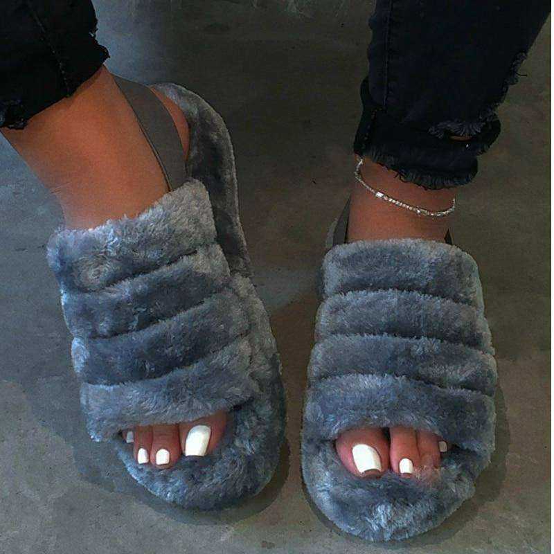 New Women's Indoor Fur Slides Bottom Anti Slip Furry Slippers