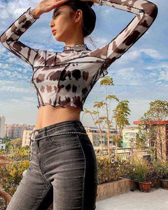 Women's Long Sleeves Sexy Backless Black Mesh Patchwork Crop Tops T-Shirt