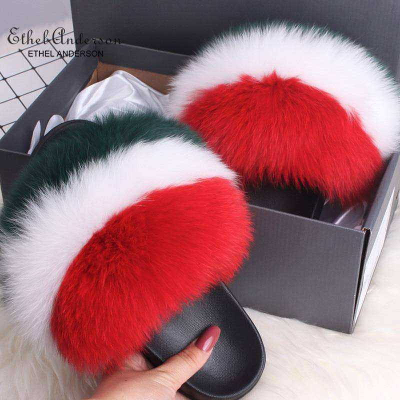2020 Fox Raccoon Fur Slippers Lady Retro Flip Flops Summer