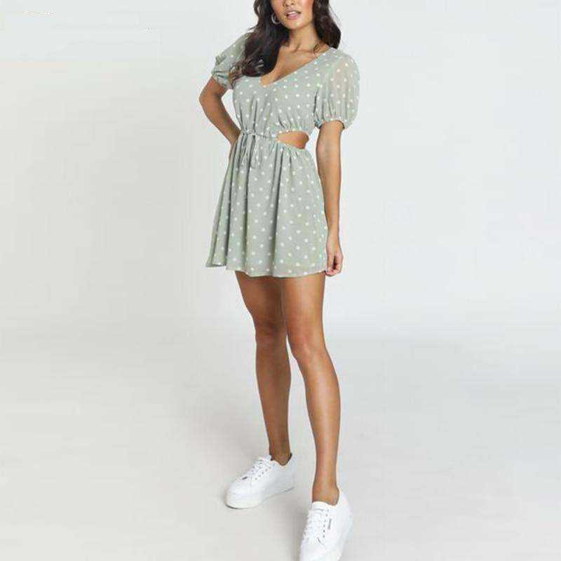 Polka Dot Green Chiffon Hollow Out Drawstring Waist Mini Dress