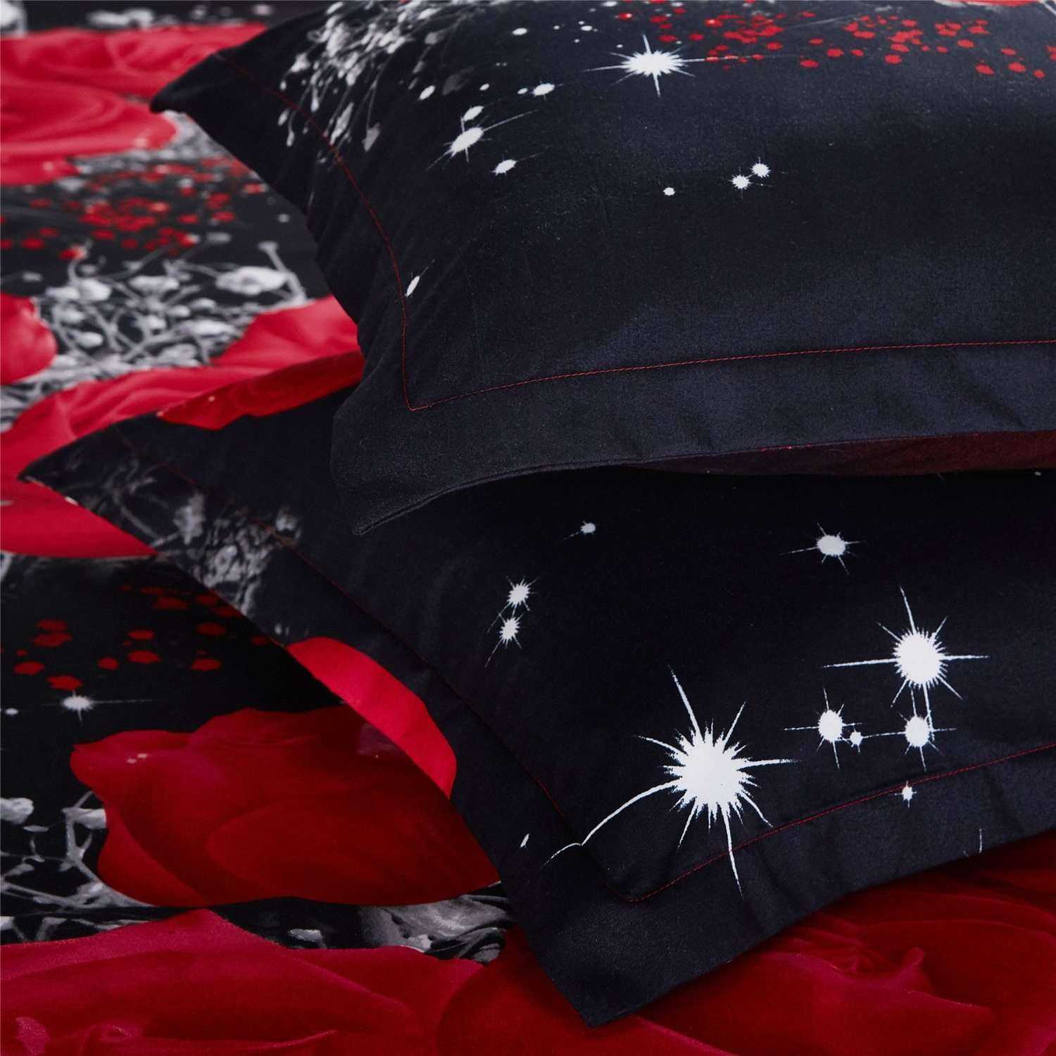 Big Red Flowers Rose Black Luxury Bed Linen Duvet Cover Sets